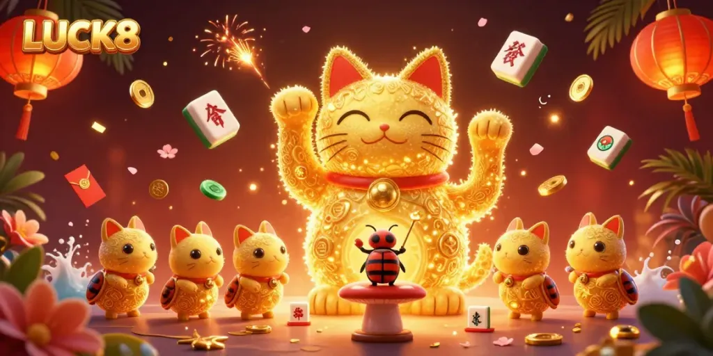 LUCK8 showcases a vibrant 3D illustration of a lucky cat surrounded by explosive casino elements, capturing the essence of winning.