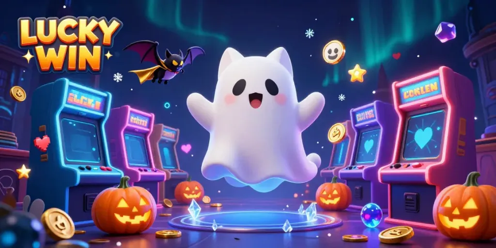 Experience LUCKY WIN with a playful ghost cat and vibrant gaming elements in a haunted casino!