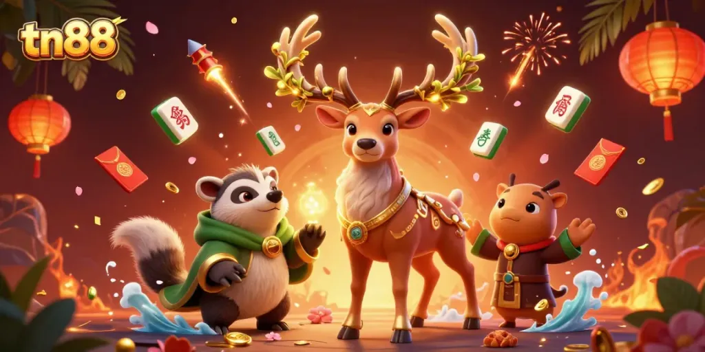 Engaging TN88 casino illustration showcasing a druid stag and badger, surrounded by vibrant gambling symbols.