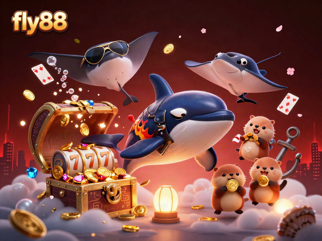 Experience exciting gameplay with fly88 as the orca whale jumps through a vibrant casino scene.
