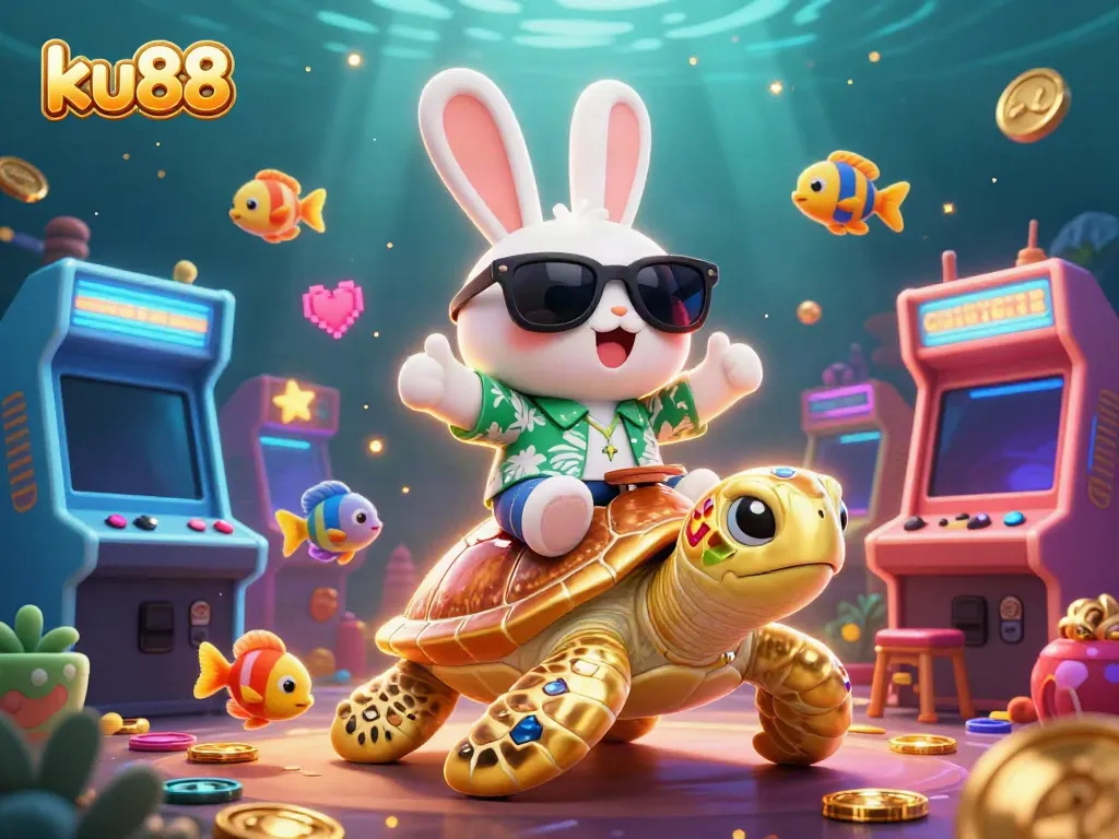 Experience thrilling bets at ku88 with a vibrant underwater casino scene featuring a lucky rabbit and a golden turtle.