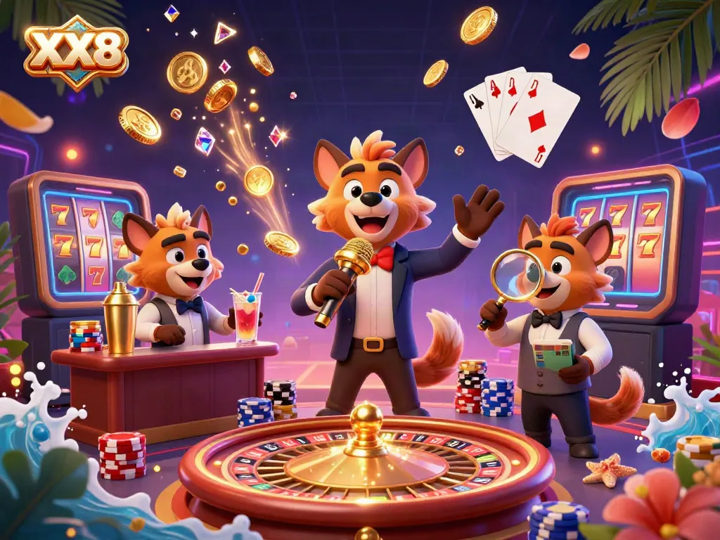 Experience the energetic comedy casino scene with hyenas, roulette, and sparkling gems featuring XX8.