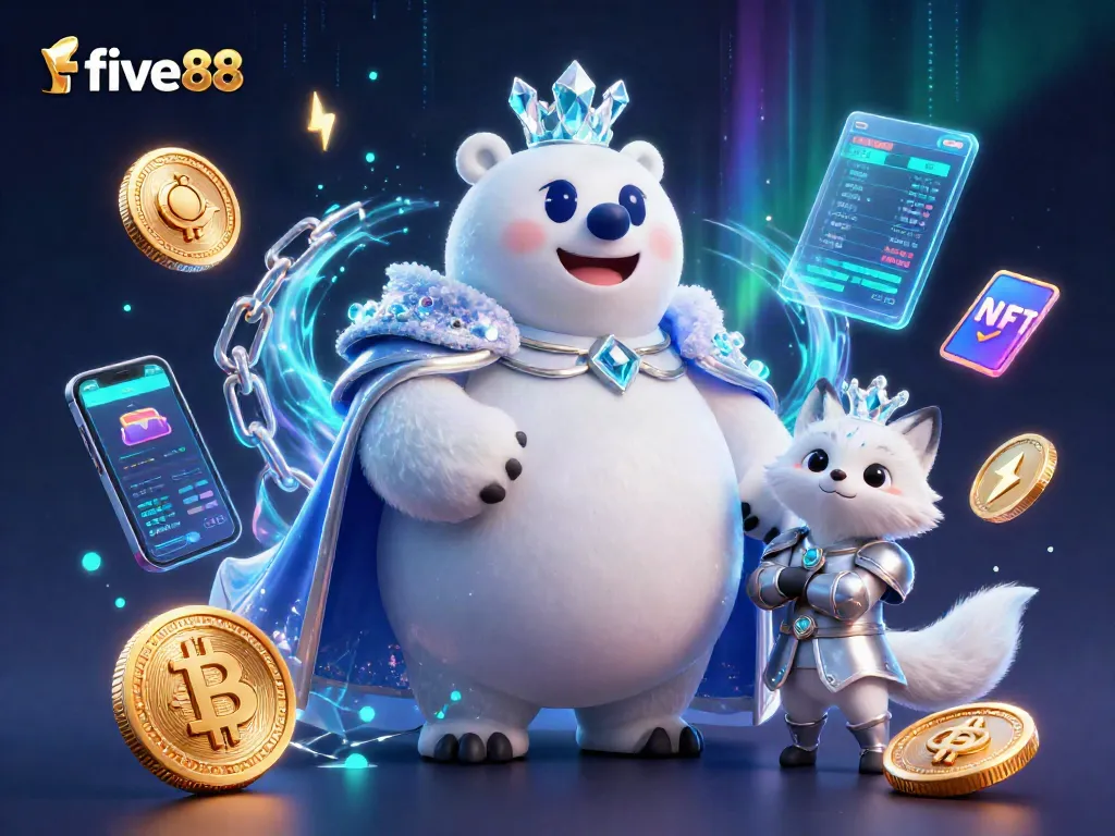 Experience five88's vibrant gaming world with the ice king polar bear and snow fox amidst dazzling crypto elements.