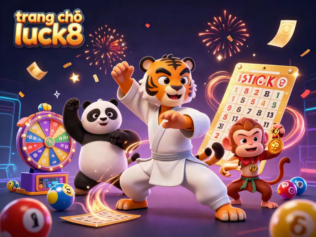 Experience vibrant fun at trang chủ luck8 as characters engage in a lively online casino scene with games and lottery elements.