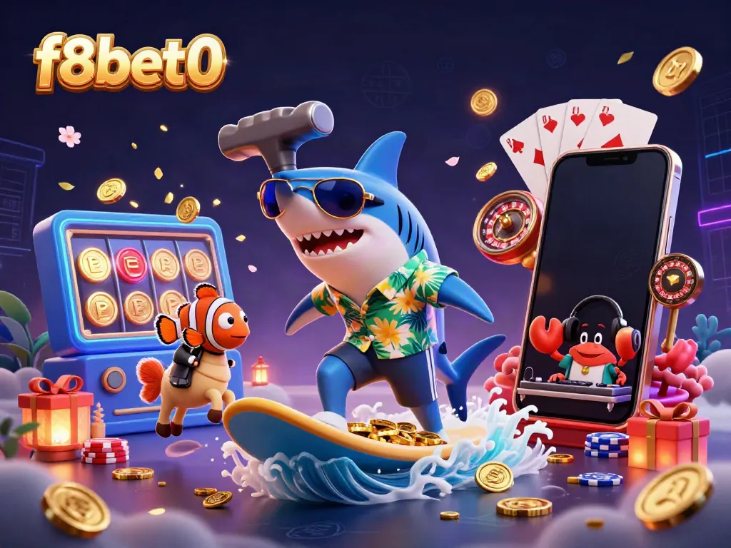 Experience thrilling excitement at f8bet0 with a vibrant 3D illustration of a playful shark and seahorse surfing in gold coins.