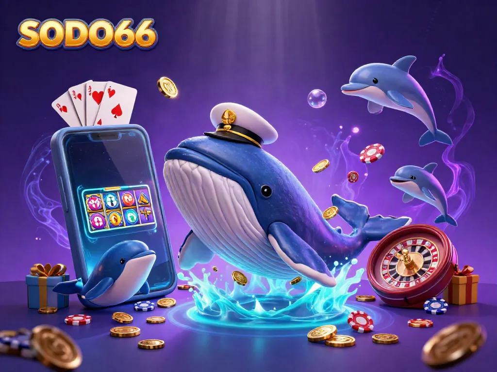 Experience thrilling moments with SODO66 as whales break through coins in a vibrant casino-themed illustration.