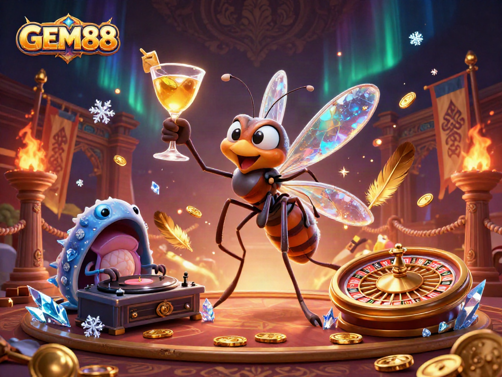 Experience GEM88 with a vibrant 3D casino illustration of unique characters and dazzling game elements.