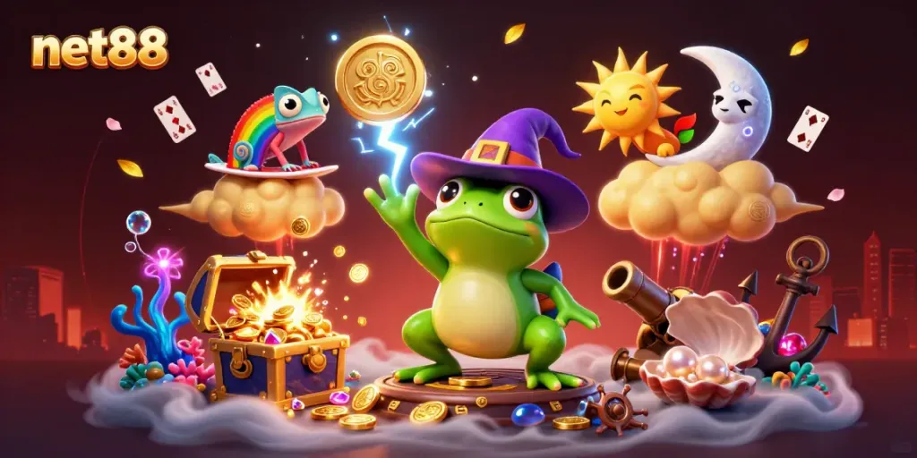 Experience thrilling games at net88 with a vibrant scene of 3D characters and casino elements.