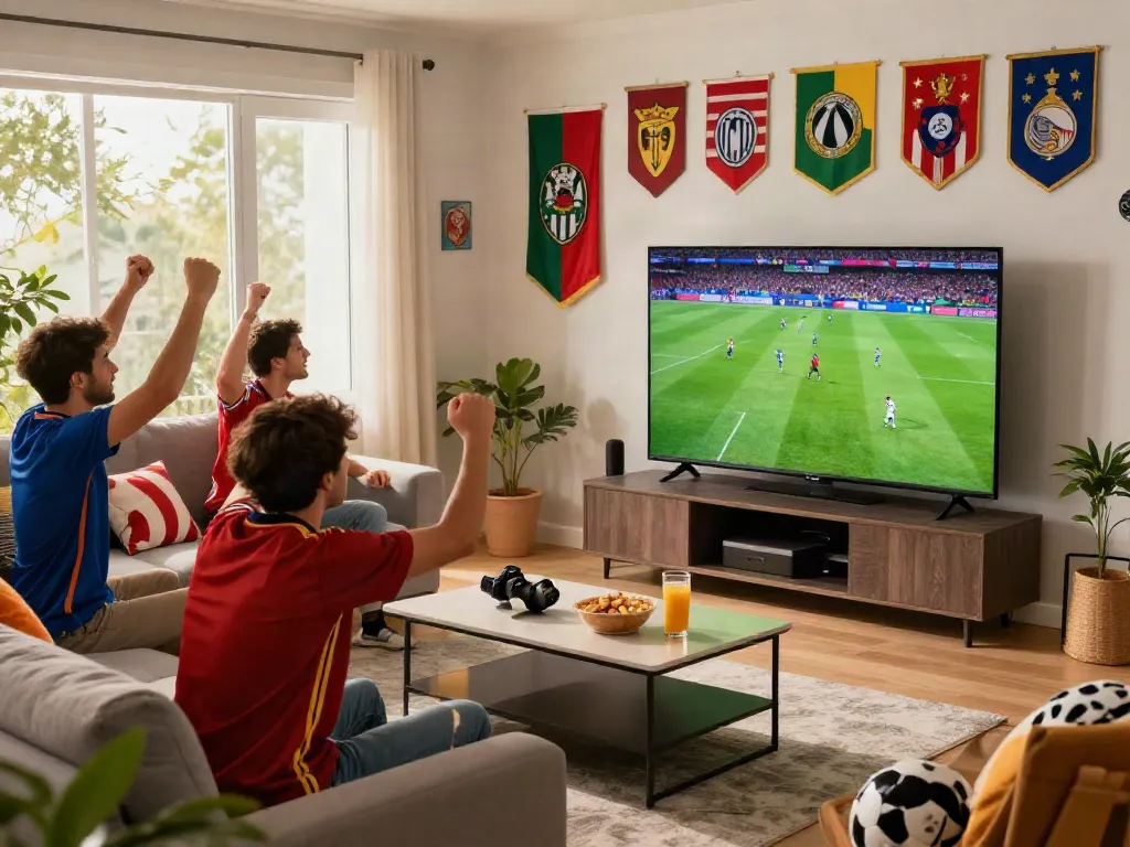 CakhiaTV fans enjoying a live soccer match in HD from their modern living room.