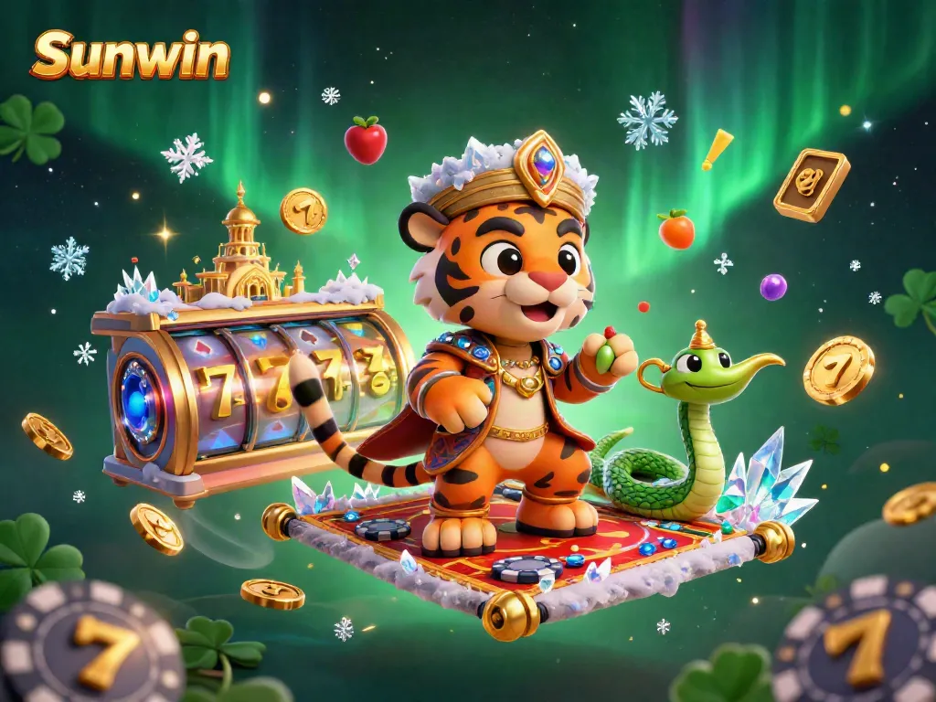 Experience thrilling Sunwin gaming with dynamic slot reels and a captivating sultan character in a vibrant 3D illustration.