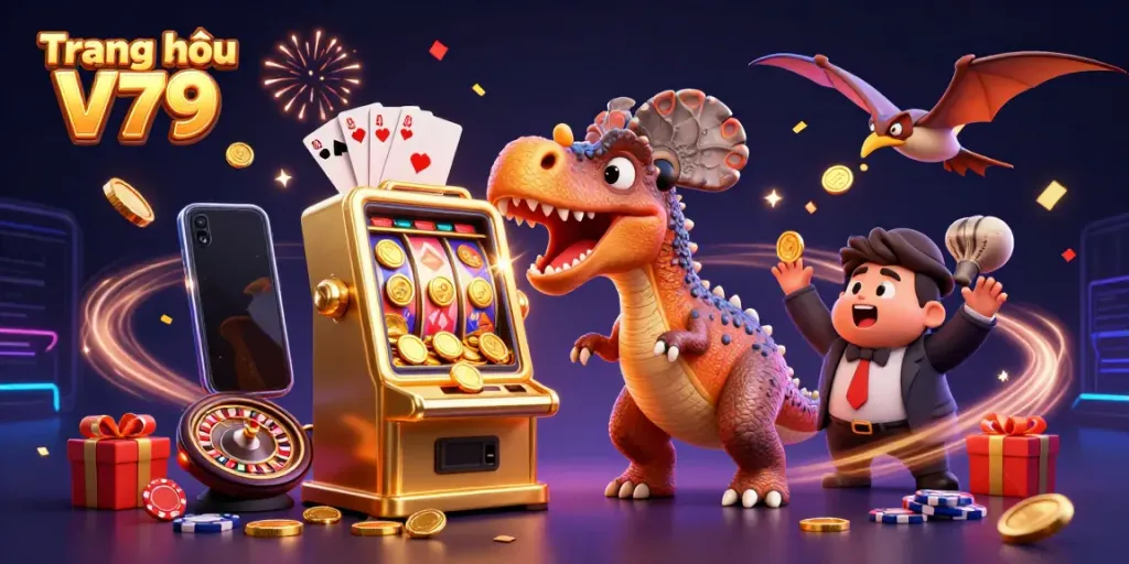 Experience fun at Trang chủ V79 with dynamic 3D illustration featuring casino action and winning moments.