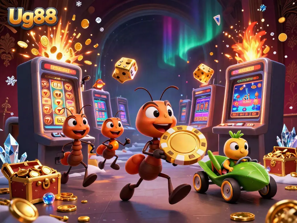 Engage in thrilling online gaming experiences with Ug88, where ants heist golden poker chips in a vibrant casino.