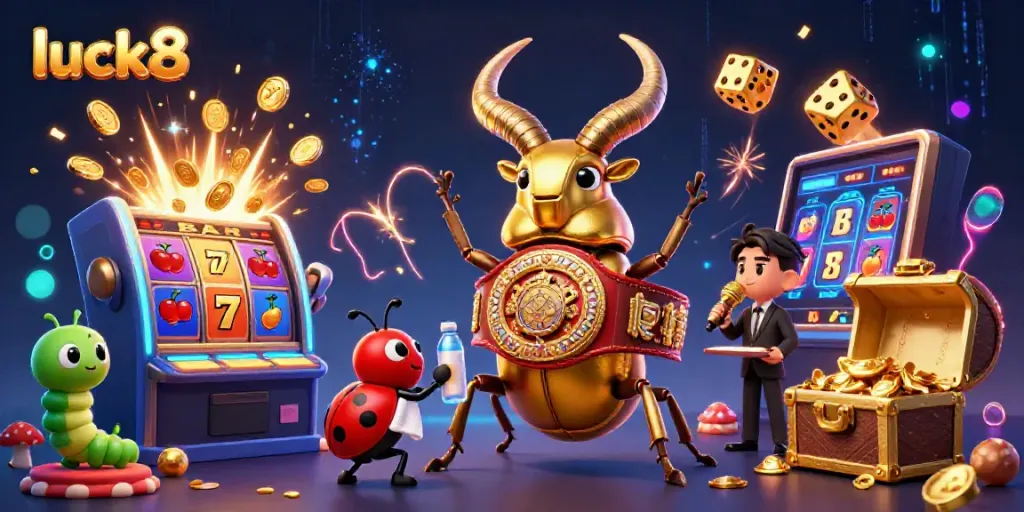Engage in exciting wins at Luck8 with dynamic slot machine explosions, illustrated casino elements, and a vibrant scene.