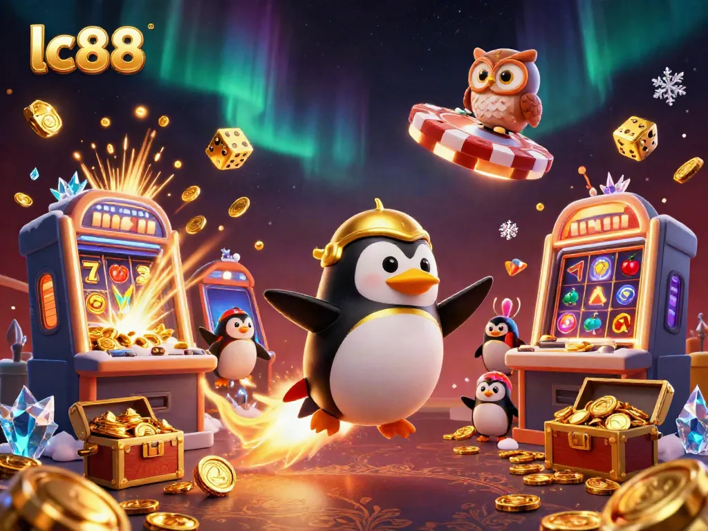 Experience exhilarating wins with lc88 featuring a golden penguin and dynamic casino elements.