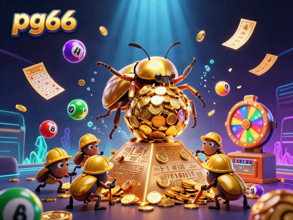 Experience the thrills of pg66 with a vibrant 3D scene depicting a golden beetle and dynamic gaming elements.