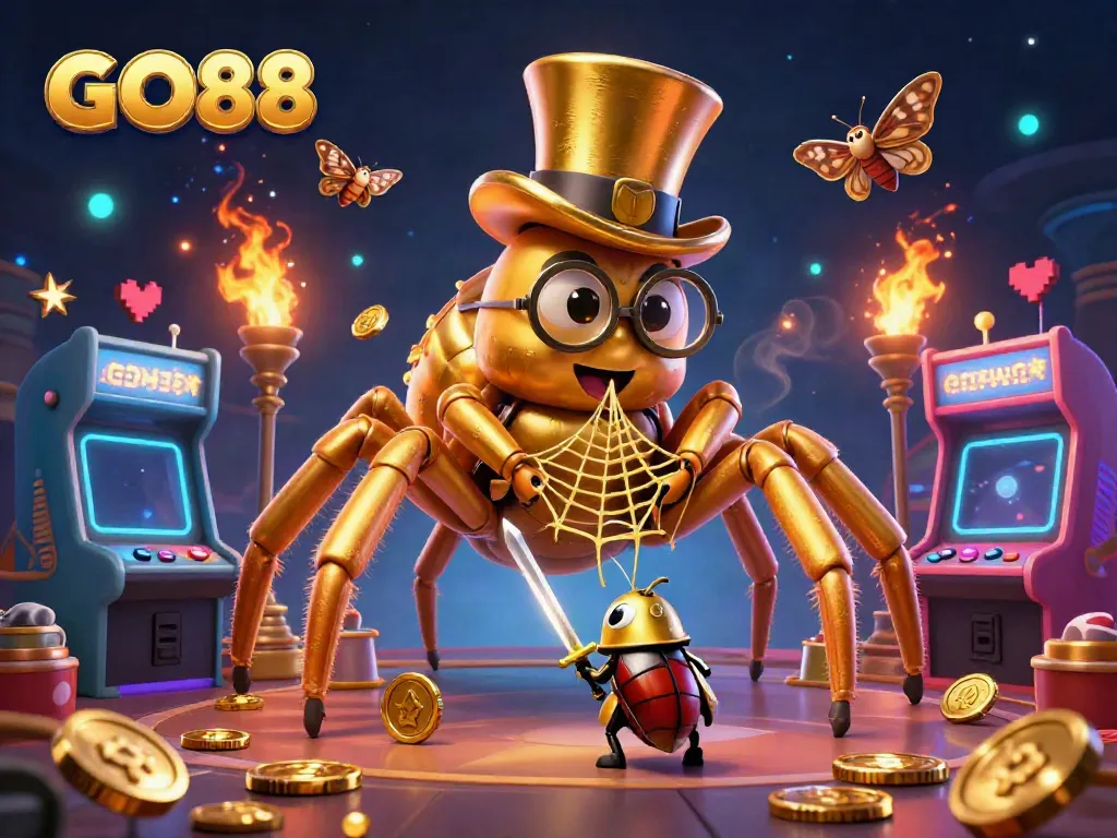 Experience the excitement of GO88 as a giant golden tarantula weaves a web of gold amid vibrant gambling game elements.