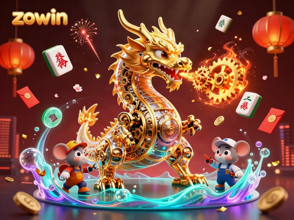 Experience thrilling fun at zowin with intricate casino elements and a magical dragon scene.