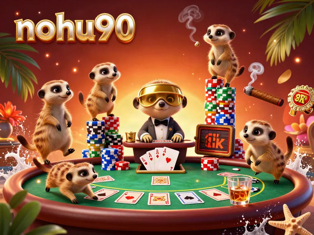 Meerkats operating a dynamic casino, showcasing nohu90 branding and colorful gaming elements.