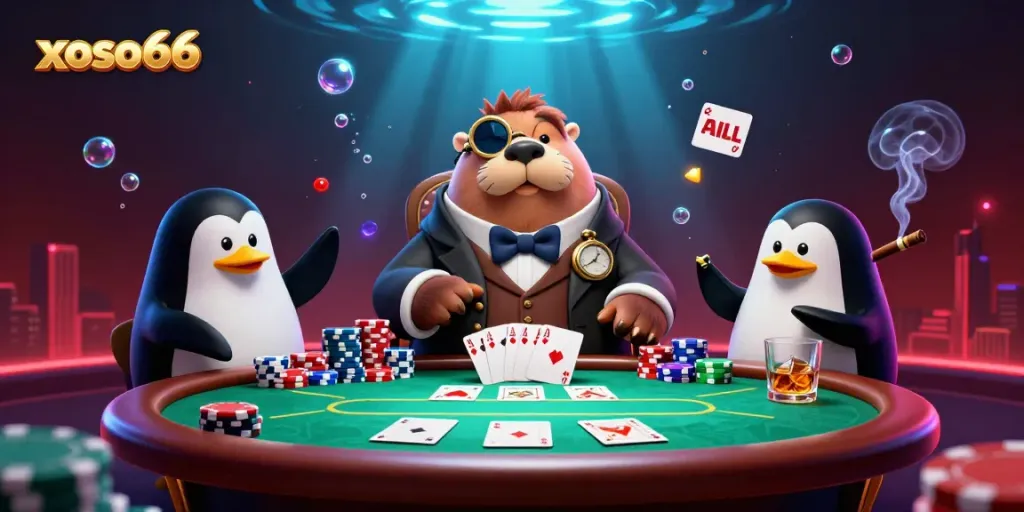 Play poker underwater with xoso66's jolly walrus and friends at a vibrant casino table.