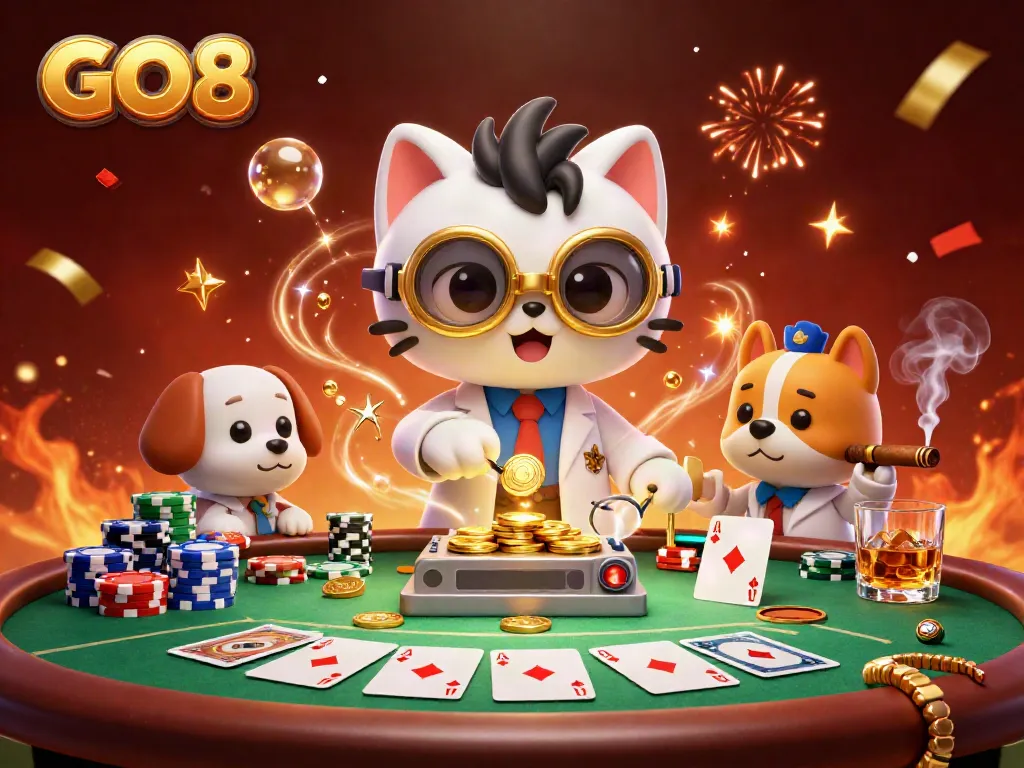 GO8 mad scientist cat creates gold coins in a lively casino scene with poker elements.