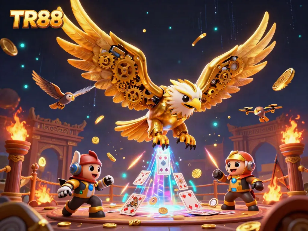 Engage in thrilling TR88 casino action with cybernetic eagle amidst dynamic gaming elements.