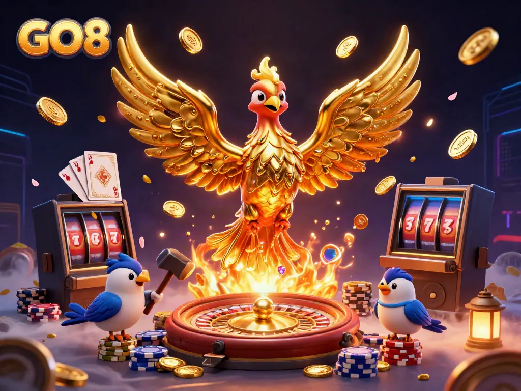 Engage with GO8's thrilling casino experience featuring a molten phoenix, spinning roulette, and vibrant casino elements.