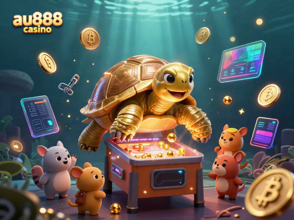 Experience premier gaming at au888 casino with an exciting pinball tortoise surrounded by cryptocurrency elements.