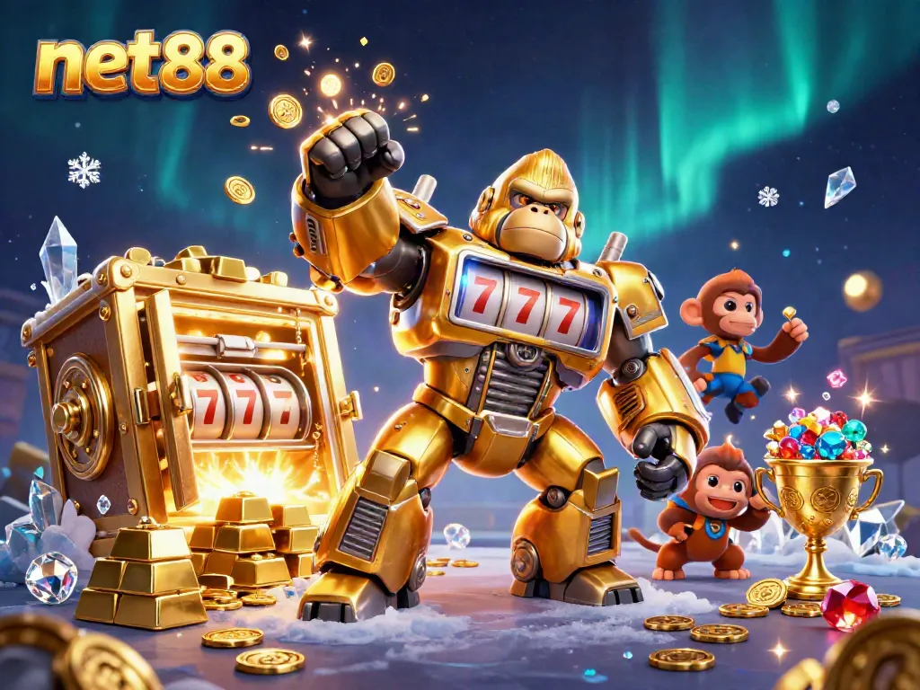 Experience exciting gaming action with the net88 golden gorilla mech in this thrilling illustration.