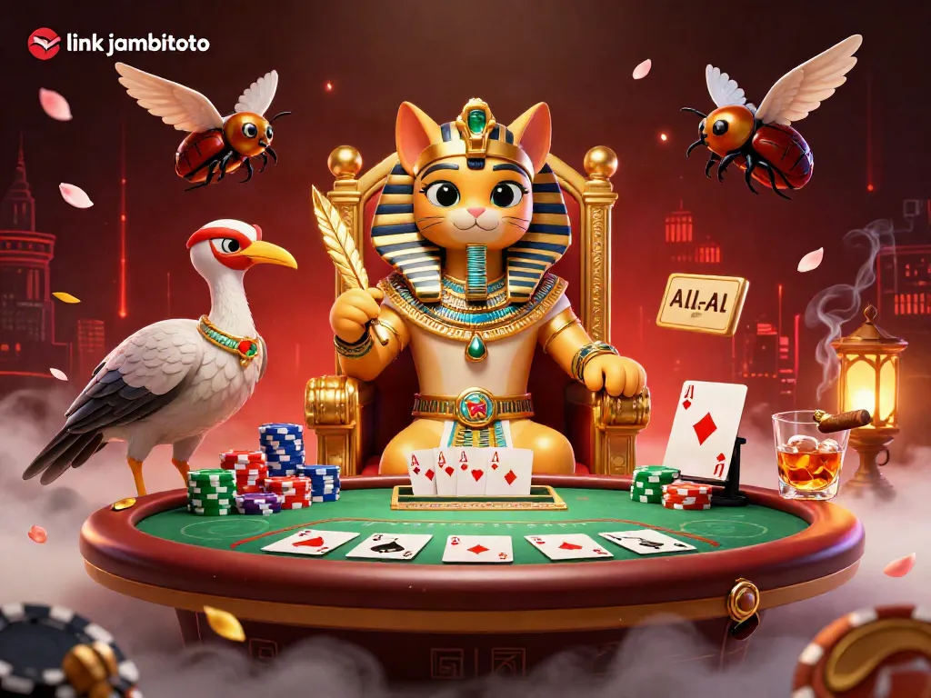 Engage with link jambitoto through a vibrant casino scene featuring an Egyptian pharaoh cat.