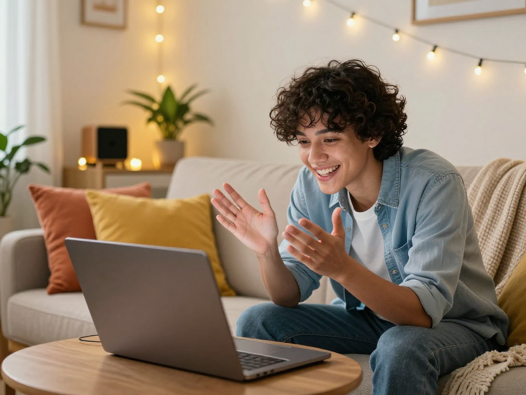 Engaging porn chat ai session in a cozy home setting, showcasing a friendly interaction between two people on a laptop.