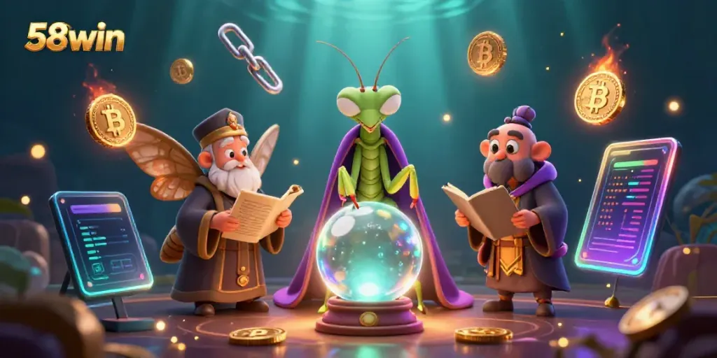 Engage in thrilling gambling with 58win featuring magical creatures, crypto elements, and vibrant scenes.
