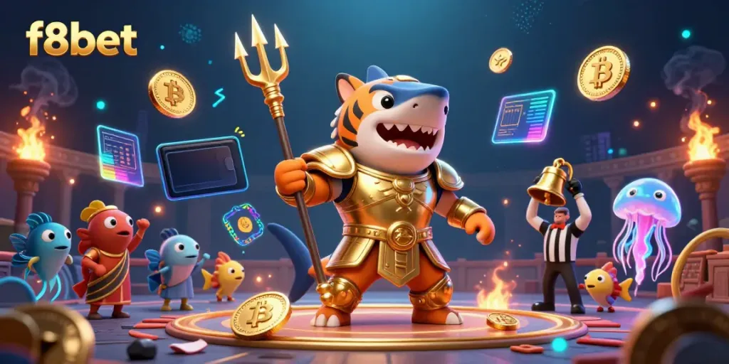 Engage in thrilling underwater battles with f8bet's animated gladiator shark in an exciting casino-themed scene.
