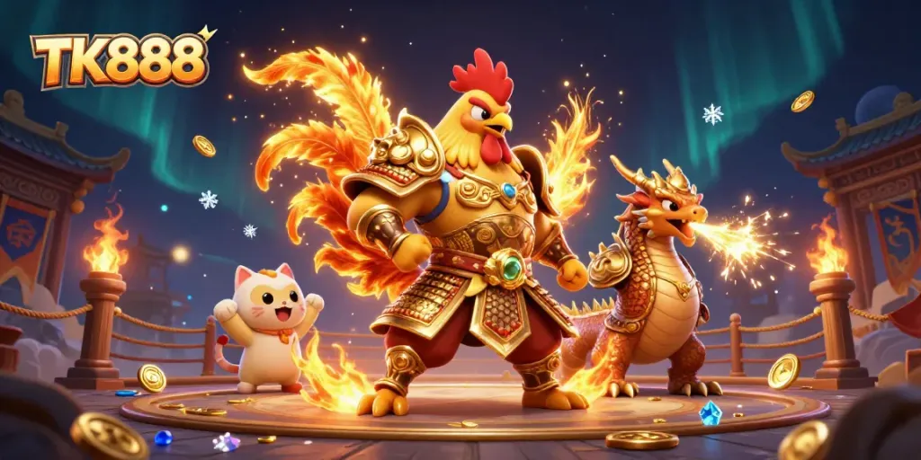 Engage in thrilling gameplay with TK888, featuring a cartoon rooster warrior and dragon in an epic battle setting.
