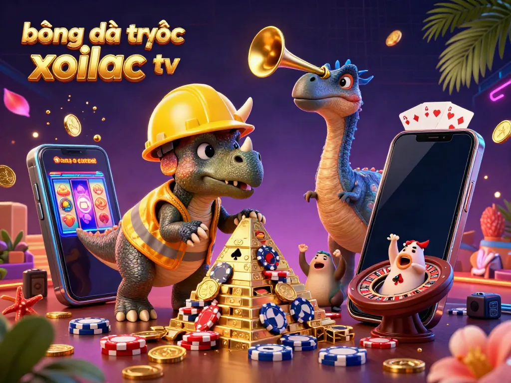 Experience the vibrant atmosphere of bóng đá trực tuyến xoilac tv as a triceratops builds poker chips, embodying a festive casino scene.