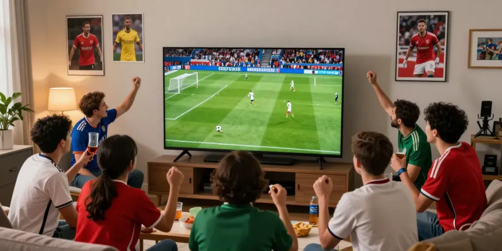 Fans enjoying a vibrant soccer match watch party at home, showcasing gavangtv spirit.