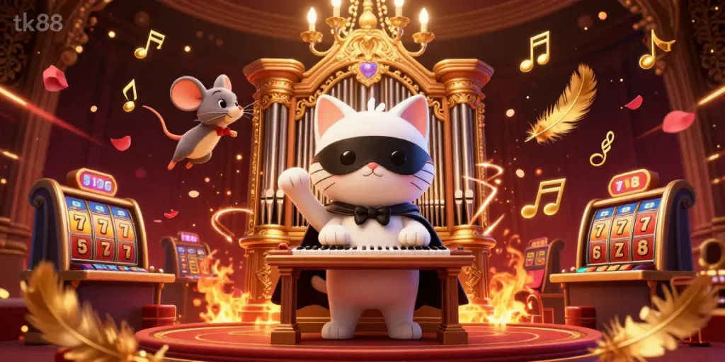 Spin the reels with tk88 in an enchanting casino scene featuring a phantom cat and mouse acrobat.