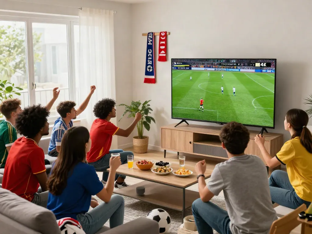 Exciting football fans engaged with live streaming on cakhiatv in a cozy living room.