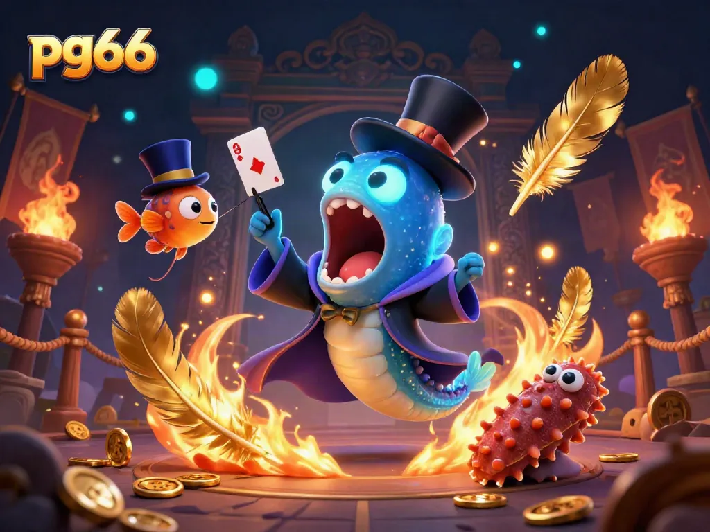 Engage with pg66 in a vibrant casino scene showcasing a magician eel performing tricks, dynamic elements included.