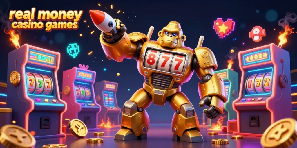Experience thrilling real money casino games with our dynamic golden gorilla mech bursting with excitement!