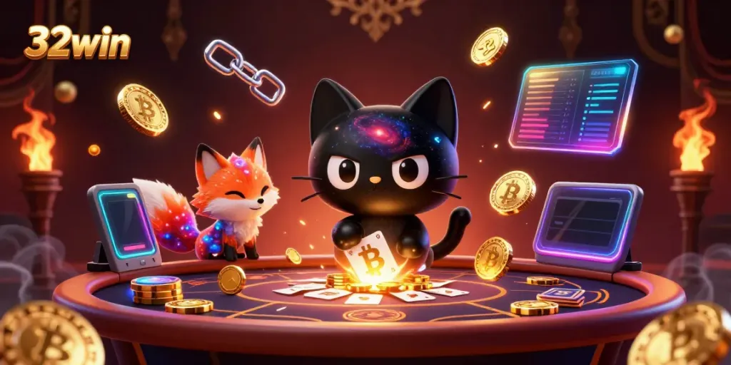 32win casino illustration featuring a charismatic black hole cat and colorful nebula fox captivating players.