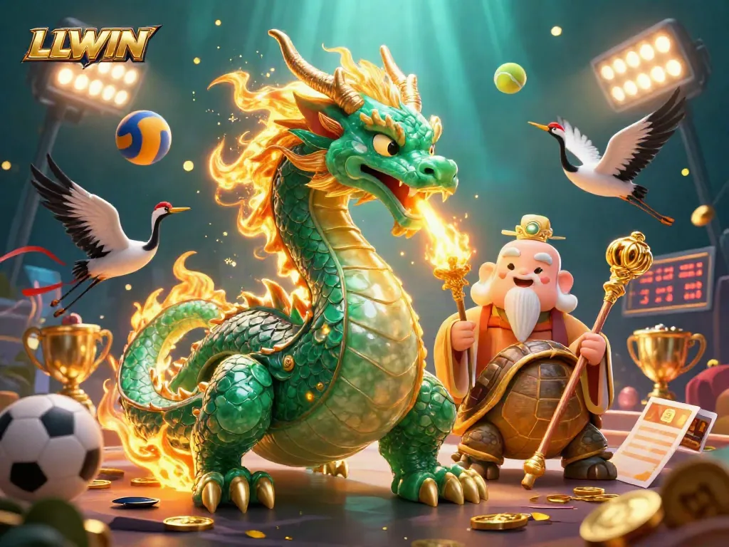 Experience LLWIN's thrilling action with a dragon, turtle sage, and lucky cranes in a vibrant casino scene.