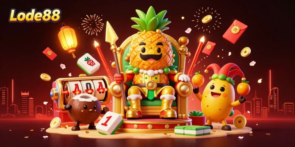Experience thrilling slots and jackpots at Lode88's beach casino with vibrant characters.