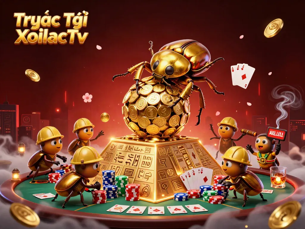 Engage with Trực Tiếp XoilacTv while enjoying a festive casino scene filled with golden coins and poker elements.