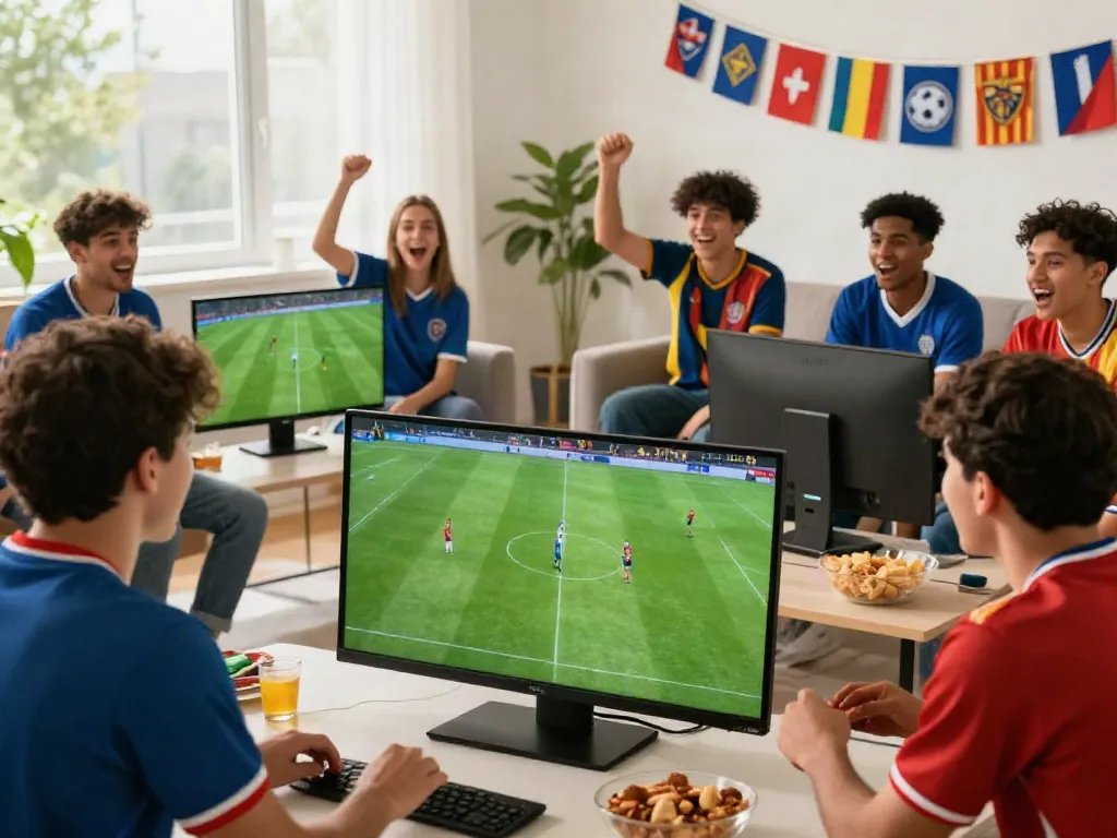 SOCOLIVE viewers enjoying a live soccer match, celebrating together in a vibrant setting.