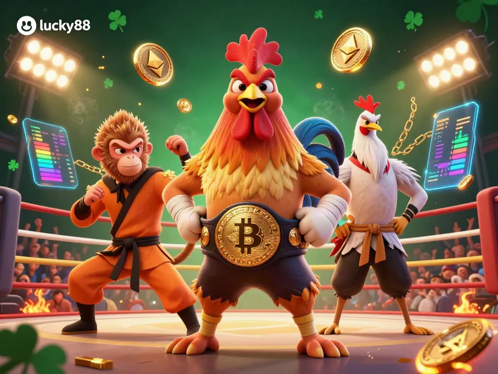 Engage with lucky88's thrilling cockfighting scene featuring a spirited rooster, agile monkey, and wise crane amid vibrant betting elements.