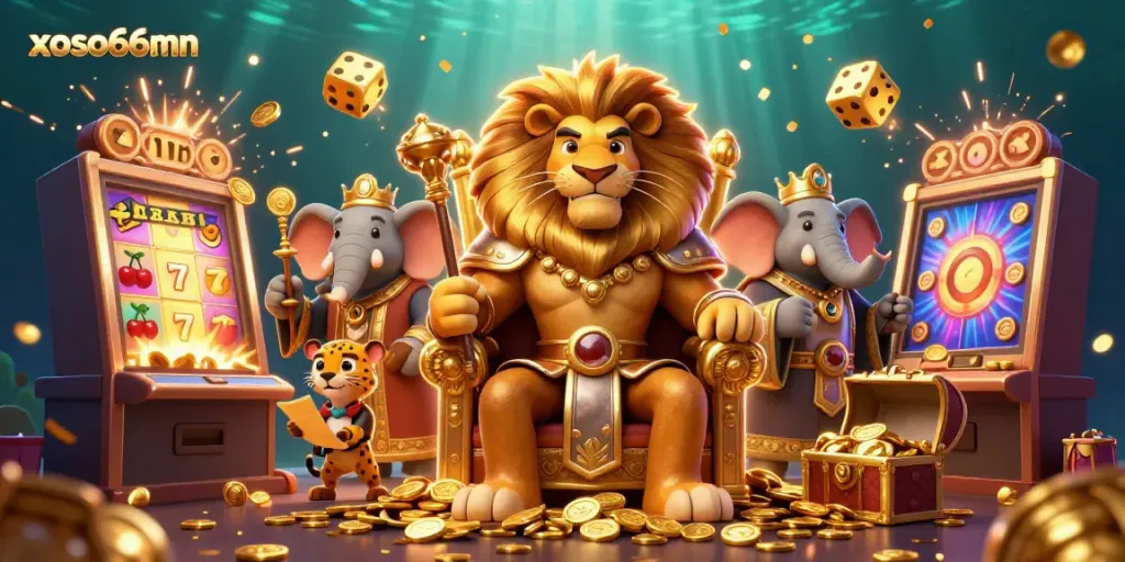 Experience xoso66mn in an action-packed casino scene with a lion king, wise elephant, and speedy cheetah.