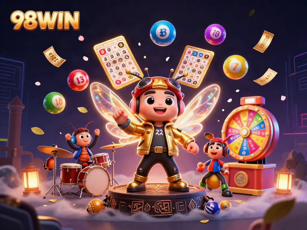 Experience the excitement of 98WIN with vibrant casino elements and dynamic characters celebrating gaming.