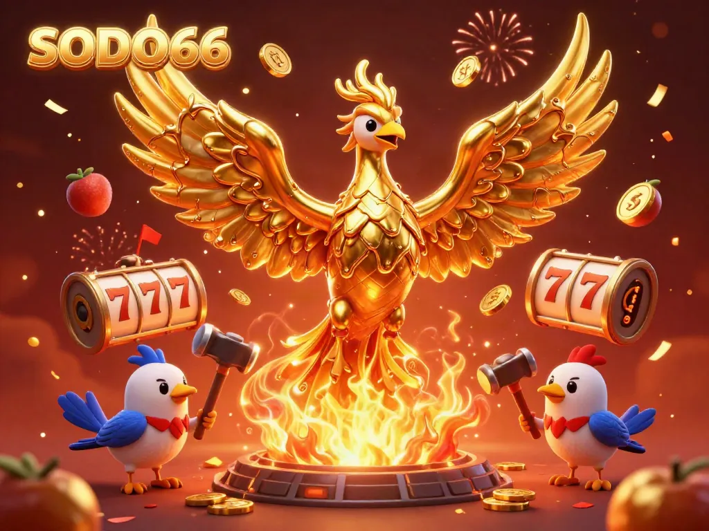 SODO66's golden phoenix symbolizes jackpot winnings in a vibrant 3D casino scene.