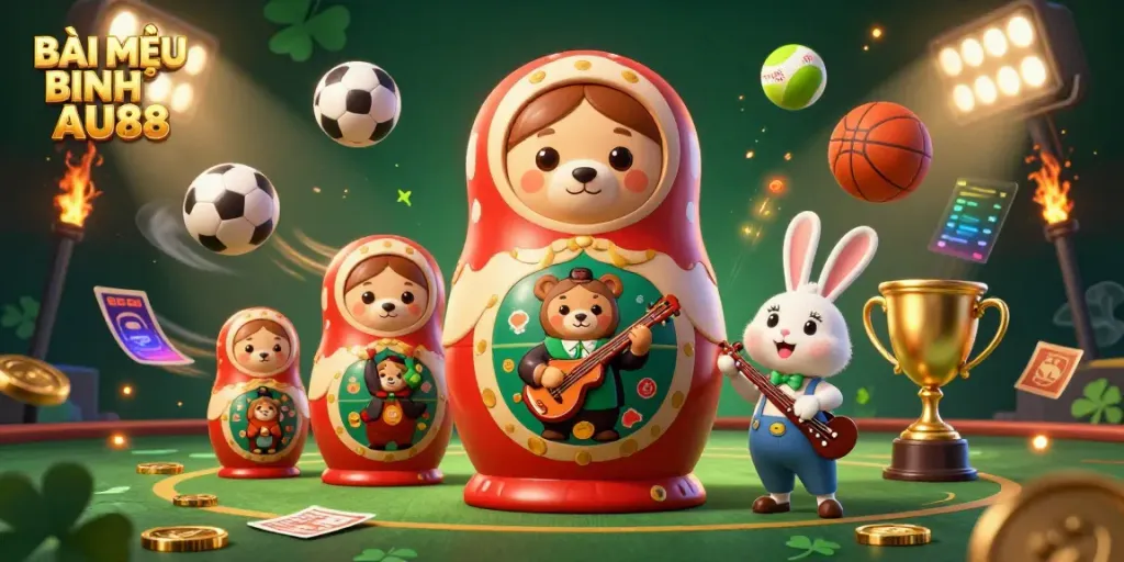 BÀI MẬU BINH AU88 themed illustration shows dynamic bears and energizing elements in a vibrant casino scene.