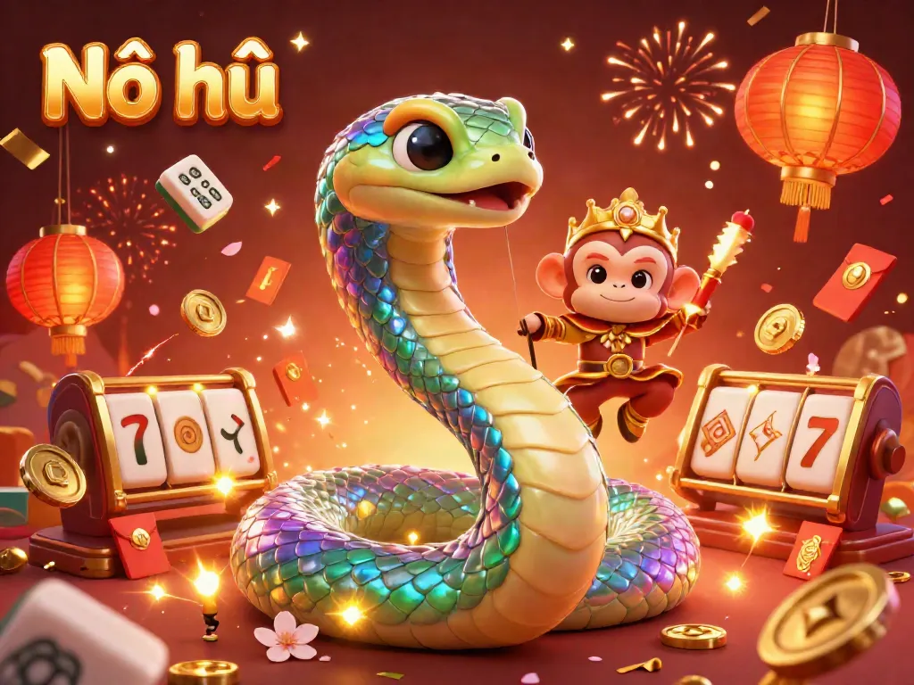 Nổ hũ scene with a colorful serpent and monkey king celebrating amidst vibrant casino symbols and lights.